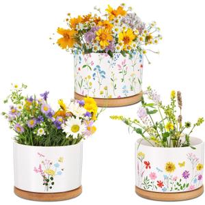 Mimorou 3 Pcs Wildflower Decor Gift for Women Ceramic Succulent Pots with Bamboo Tray for Spring Office Home Farm House Kitchen Decorations (No Plants Included)