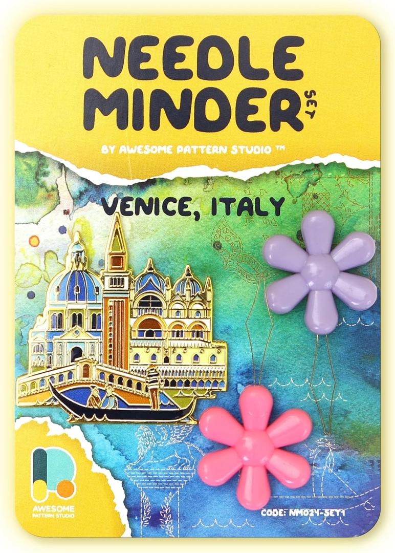 Awesome Pattern Studio Needle Minder Set  Venice Magnetic Needle Minder + 2 Needle Threaders. Enamel Pin for Cross Stitch, Embroidery and Craft
