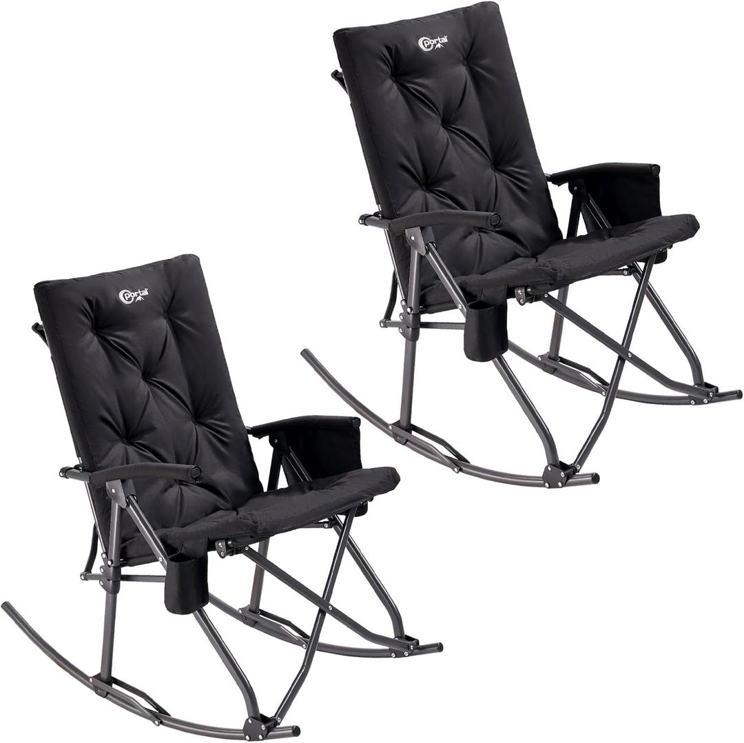 Portal Folding Rocking Camping Chair Outdoor - Thick Padded Rocking Recliner Chair Portable Camping Rocker for Patio Front Porch Backyard Lawn Living Room, Supports 400 LBS