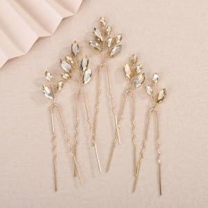 Teyglen 5pcs Champagne Crystal Hair Pins with Rhinestone Wedding Hair Pins Clips Bridal Party Prom Hair Accessories for Women Hair Jewelry Wedding Headpiece (Champagne)