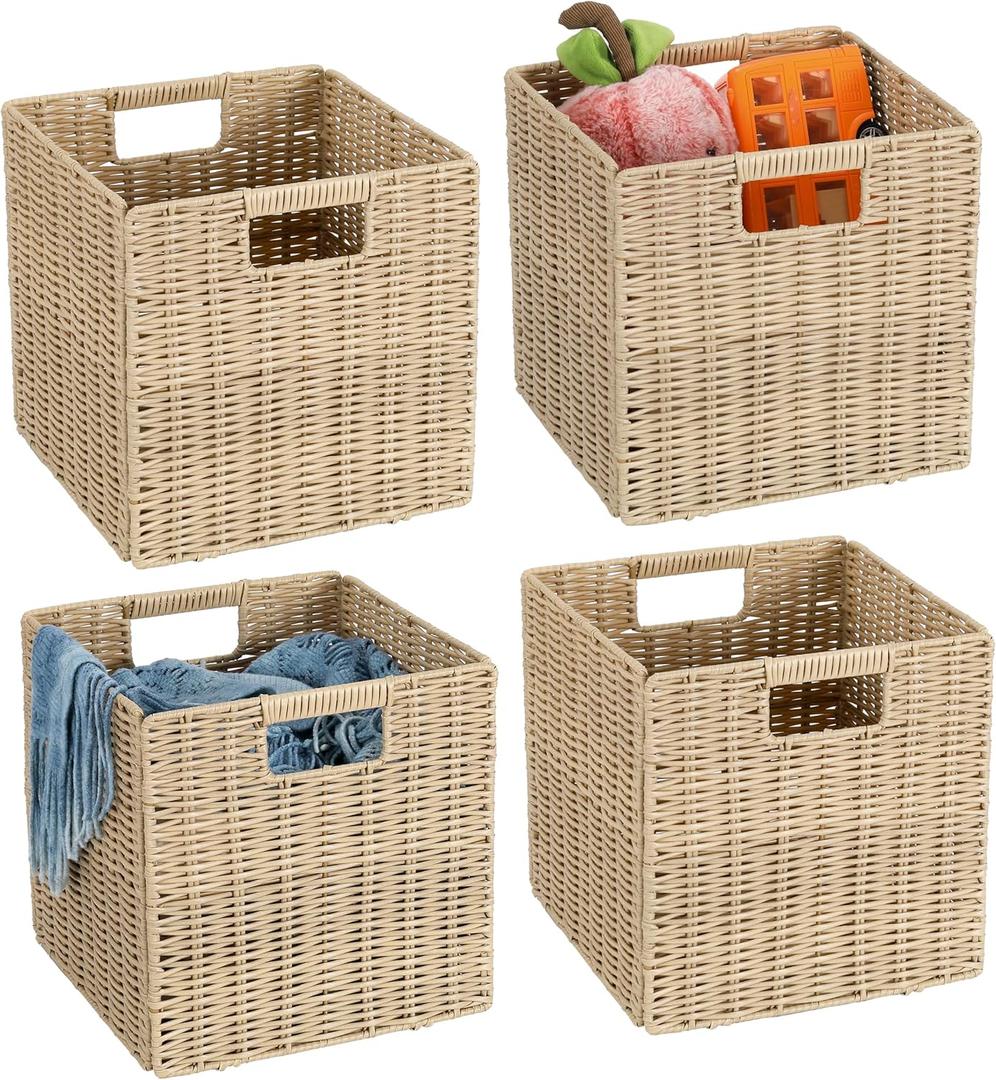 10.5 x 10.5 in Plastic Wicker Baskets for Cube Storage, Collapsible Square Wicker Storage Basket for 11 x 11 Cube Shelves Set of 4, Rattan Storage Cube, Square Baskets for Shelves - Beige