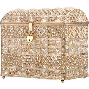 ELLDOO Crystal Wedding Card Box with Heart Lock, Vintage Money Card Box Treasure Chest Style Gold Gift for Wedding Receptions, Centerpiece Decor, Anniversary Keepsake, Gift, Small Size