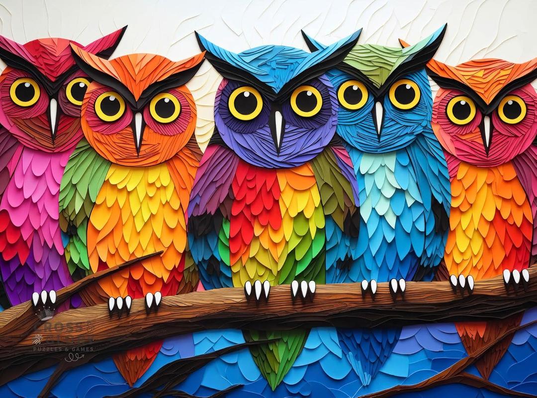 Cross & Glory | 1000 Piece Jigsaw Puzzles for Adults | Kaleidoscopic Owls: Colorful Nights Watch | Five-Owl Multicolor Owl Puzzle | Satin Finish Bird Puzzles for Adults 1000 Pieces | Ages 14+