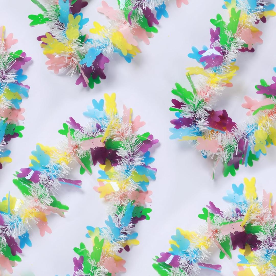 100 FT Easter Tinsel Garland Colorful Bunny Metallic Twisted Hanging Streamer Spring Garland for Easter Decoration Spring Decoration Supply