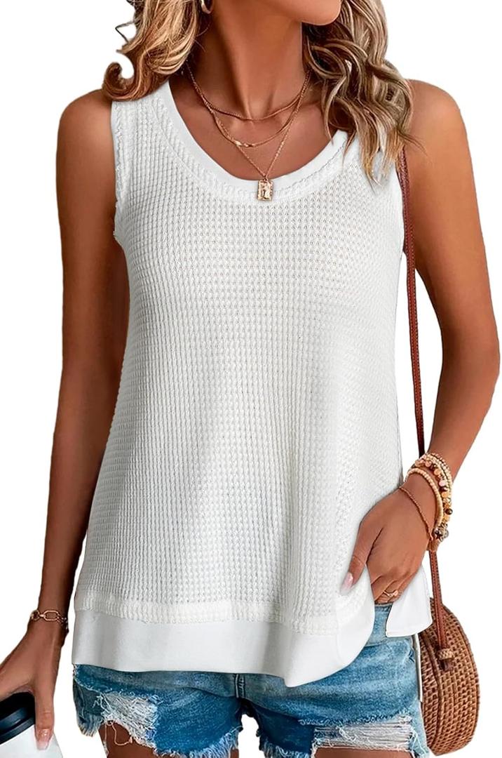 BLENCOT Women's Tops Waffle Knit Summer Tank Tops Casual Scoop Neck Sleeveless Loose Tunic Shirts (White, M)