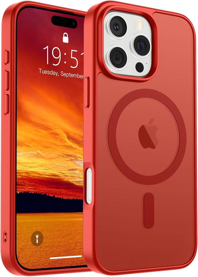 SUPFINE Magnetic for iPhone 16 Pro Case (Compatible with MagSafe) (Military Grade Drop Protection) Slim Translucent Matte Shockproof with Anti-Fingerprint Phone Case, Red