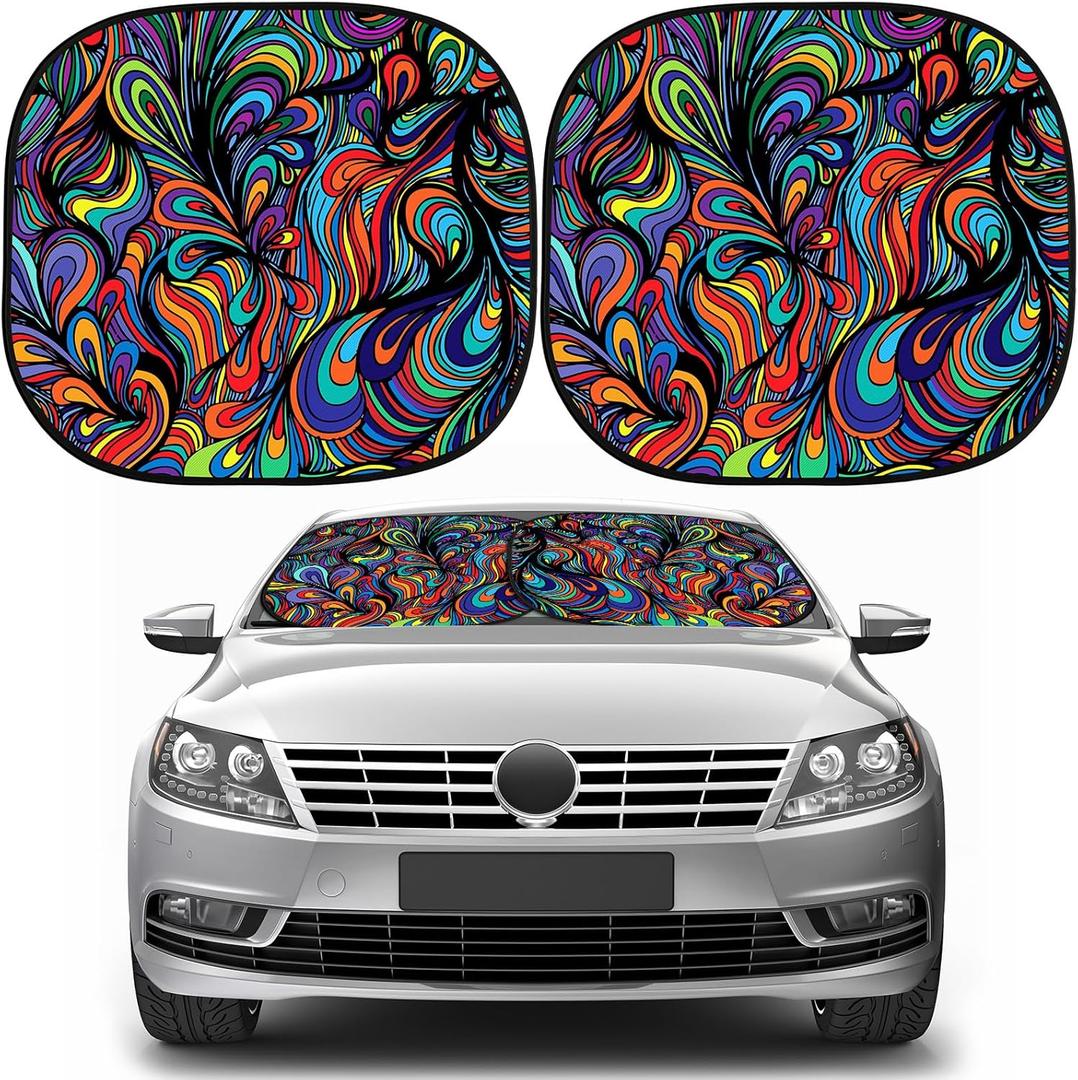 Moukeren 2 PCS Windshield Sun Shade for Car Foldable Window Covers for Car Accessories Reflect UV Sun Heat Protector for Universal Cars SUV Truck RV (Abstract, 31.75 x 28.75 Inch)
