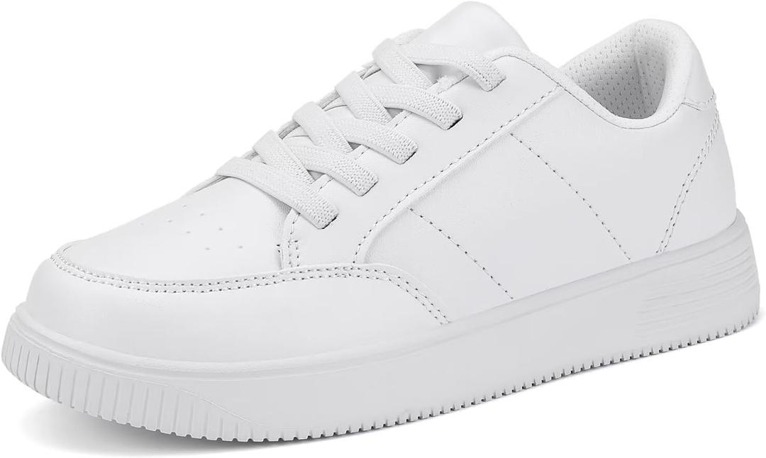 DSWED Unisex-Child Leather Lightweight Breathable Knit Athletic Running Sneakers for Kids Shoes for Boys Girls (2 Little Kid, No Buckle-white)