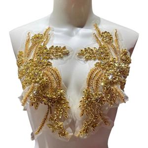 1 Pair of Handmade Rhinestone Appliques,26.5 * 18cm Gold Applique for Dress Wedding,Banquet Evening Gown,Photograph Shot Sewing Rhinestone Patches(Gold)