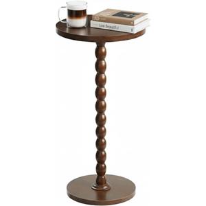 Modern Small Side Table for Living Room, Round Small Coffee Table with Solid Rubberwood Leg for Living Room, Bedroom, Accent Piece, Corner and Compact Nightstand in Walnut Finish