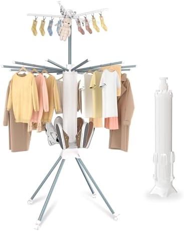 NRSUEN 3 Tier Octopus-Shaped Clothes Drying Rack with Wheels& Sensitive Foot Pedals, 4-Legged Foldable and Portable Standing Rolling Clothes Rack with 16 Rods Aluminum，6 Shoe-Drying Trays& 20 Clips