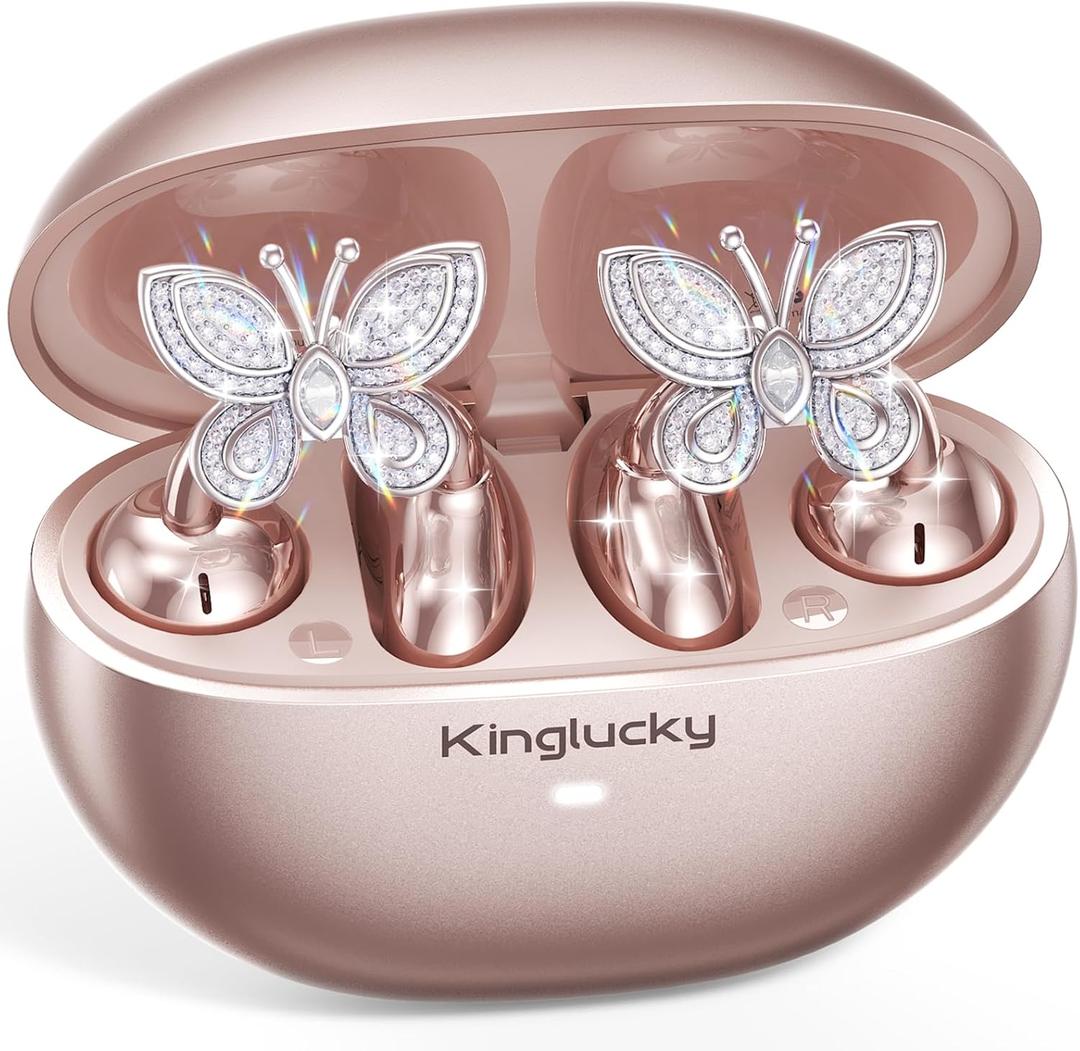 Kinglucky Clip-On Open Ear Earbuds with Detachable Butterfly Earrings, Bluetooth 6.0 Wireless Headphones for Women, 50H Playtime, Comfortable Fit for Small Ears, Sports, Glasses Wearers (Rose Gold)