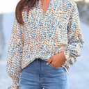MASCOMODA Womens V Neck Floral Long Sleeve Tops 2025 Summer Casual Loose Puff Sleeve Chiffon Boho Work Blouse Dressy T Shirts (XL)