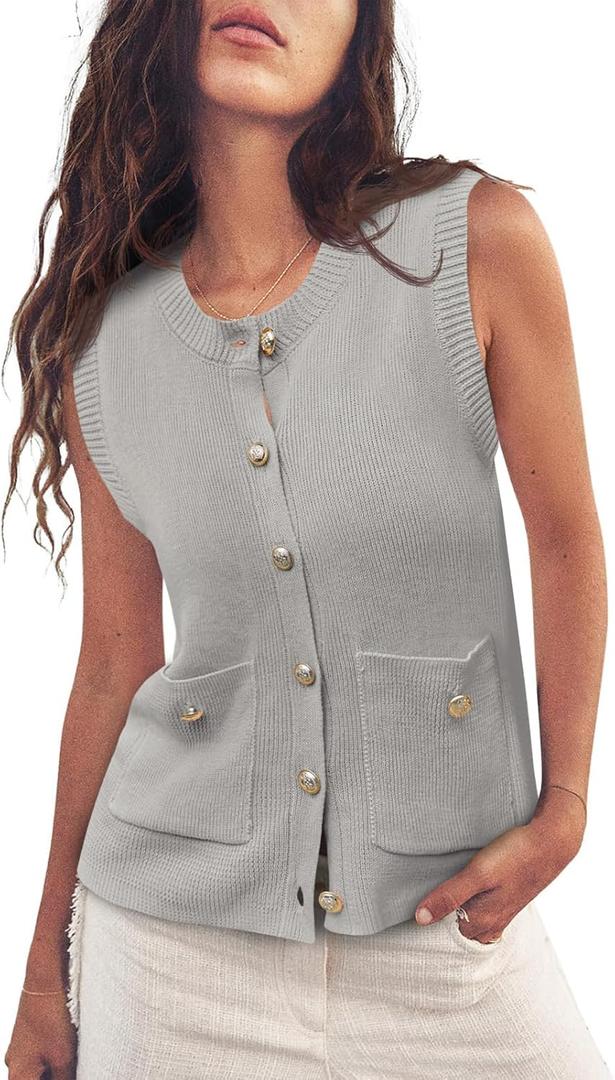 Saodimallsu Womens Summer Cropped Sweater Vest Sleeveless Button Ribbed Knit Crew Neck Cardigan Vests Top with Pockets (Gray, S)