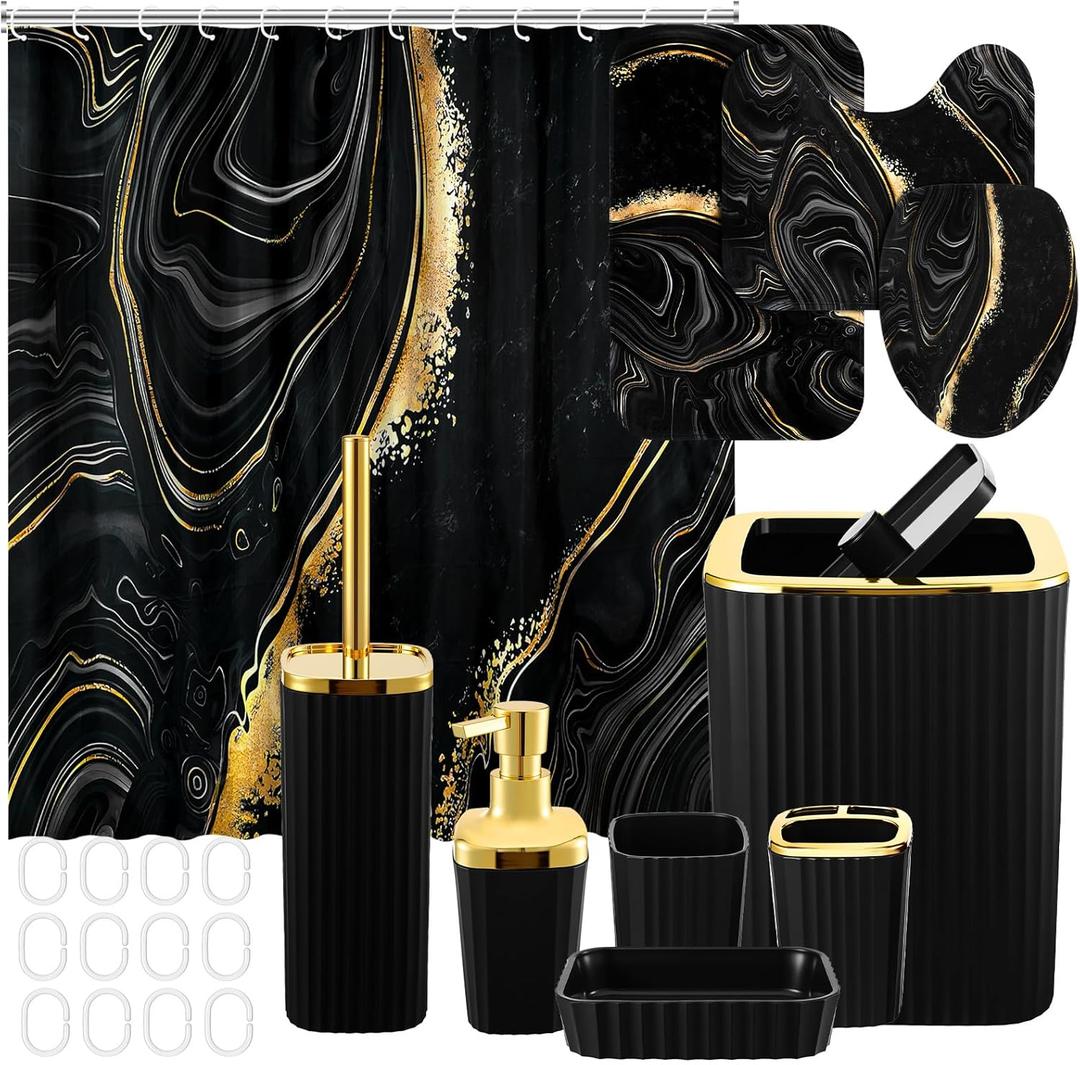 Patelai 10 Pcs Black Marble Bathroom Accessories Set Black and Gold Shower Curtain and Rugs Modern Marble Farmhouse Bathroom Decor Trash Can Soap Dish Toilet Lid Cover Toothbrush Holder Cup for Home