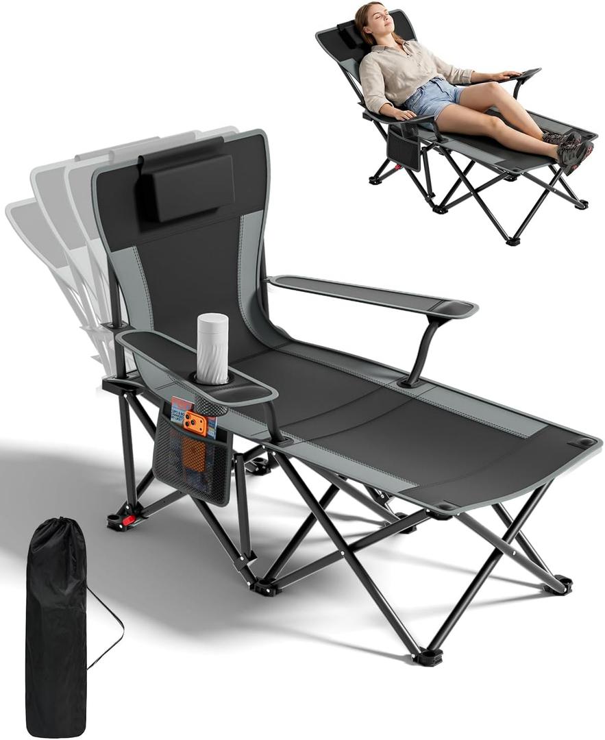HOPERAN Camping Chair with Foot Rest, 500LBS 4-Level Reclining Beach Chair, 44.9"D x 33.5"W x 35.4"H