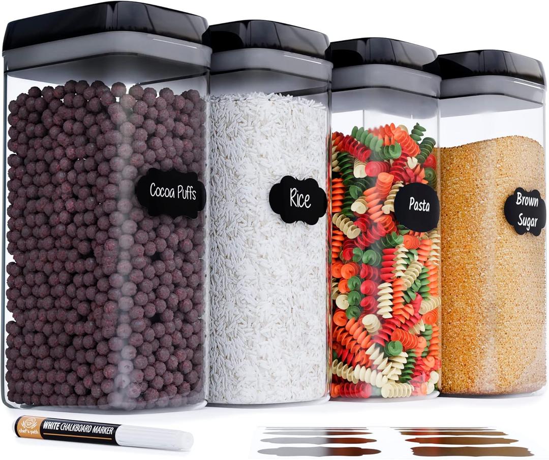 Chef's Path Airtight Food Storage Boxes with Labels - Kitchen Storage - Flour, Cereal, Pasta - Plastic Storage Boxes with Lids (4pcs-3.2L) (4 Pack - 3.2l)
