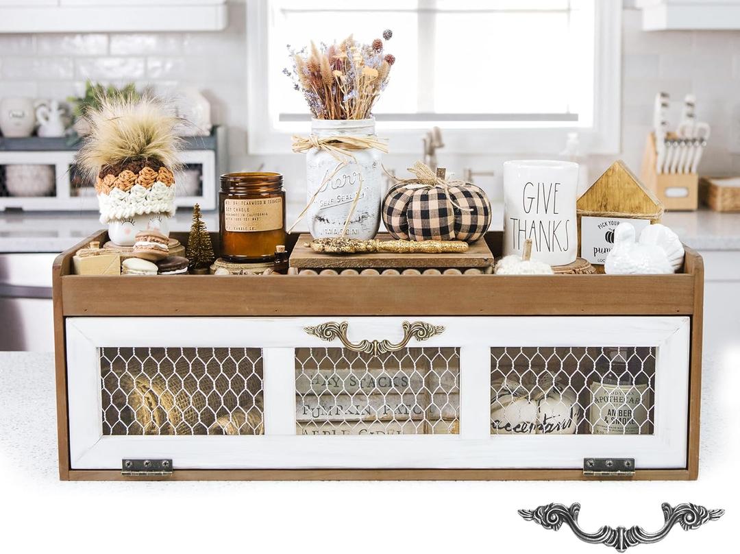 Felt Creative Home Goods Farmhouse Chicken Wire Countertop Shelving Organizer, Decorative Kitchen Pantry Storage Cabinet, Rustic Counter Storage Display, Country Kitchen Island Decor (Brown)