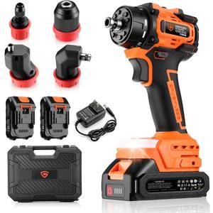 21V Brushless Cordless Drill Driver Kit, 5-in-1 Multi-Head System with 2 Batteries and Charger, Right Angle Adapter, Offset Head, 3-Jaw Chuck, Extension Head