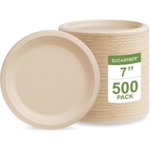 [500 COUNT]Harvest Pack 7 inch Compostable Small Paper Plates, Round Disposable Heavy-Duty Dessert Plates, Natural Bagasse Biodegradable Small Cake Plate Bulk, From Eco-Friendly Sugarcane Plant Fibers