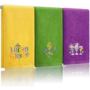 FuWeave 3 Pack Mardi Gras Hand Towels 13.4 x 29.2 Inch Cotton Embroidered Wine Mardi Gras Fleur De LYS Bathroom Towel Absorbent Decorative for Hand Drying Cleaning Gift