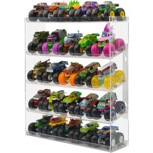 AAiphuwew Acrylic Monster Trucks Display Case - Holds Up to 25 Car Collectibles, Clear 5 Tiers Toy Truck Cars Display Storage Organizer Tire Shelf