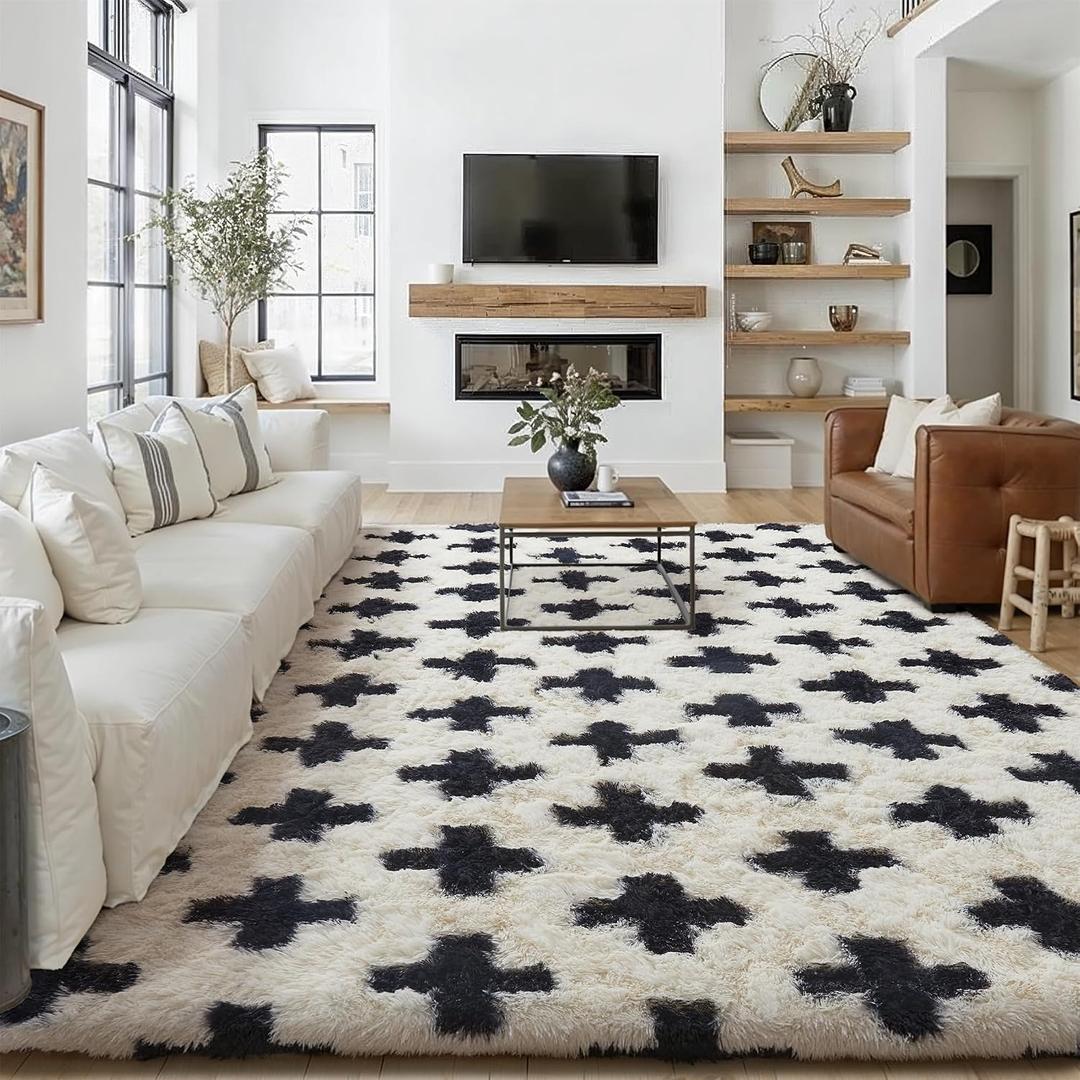 PureCozy Modern Rug 8x10 for Living Room, Black and White Shag Rug Washable Non-Slip Large Area Rug Super Soft Indoor Fuzzy Carpet Fluffy Rugs for Bedroom Home Aesthetic Decor