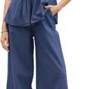 Kikibell Summer Sets Women 2 Piece Outfits Tube Top Wide Leg Pants Casual Beach Vacation Matching Lounge Set (Blue, M)