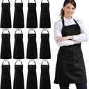 Syntus 12 Pack Bib Apron, Unisex Aprons Adjustable Waterdrop Resistant with 2 Pockets Cooking Kitchen Apron for Chef, BBQ Drawing Apron Bulk, Black