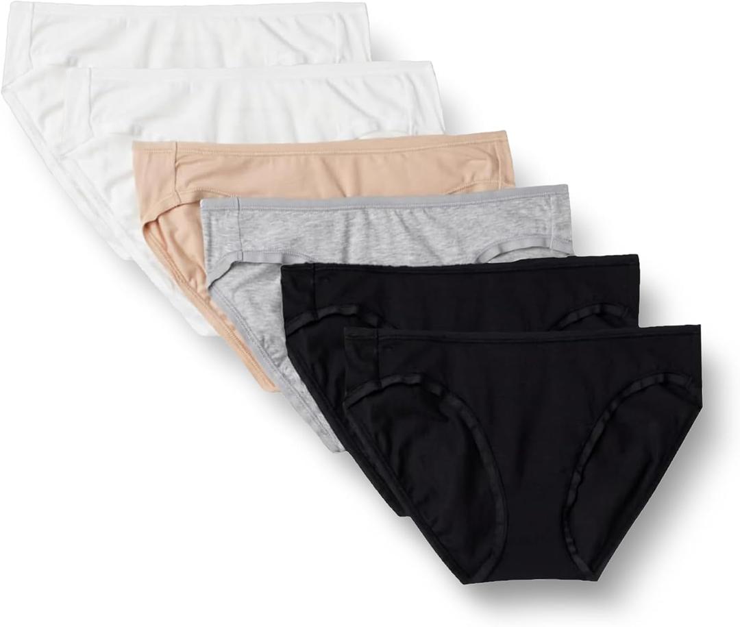 Amazon Essentials Women's Breathable Cotton Bikini Brief Underwear with Full Coverage, 6, Black/Grey Heather/Light Pink/White, Large