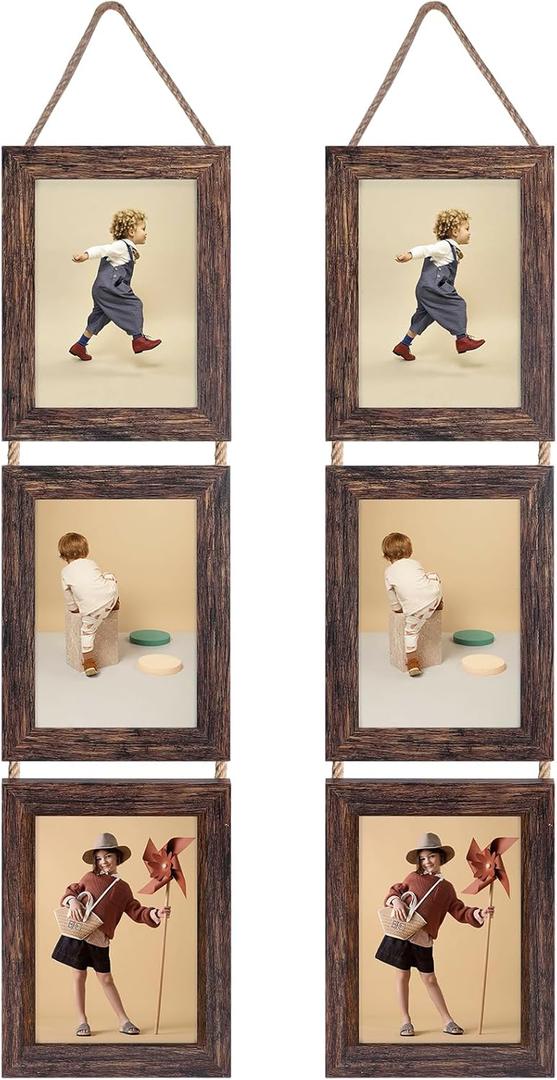 Lavezee Wall Hanging 5x7 Picture Frames Set of 2, Vertical Collage Distressed Brown Triple Frame Made to Display 5 by 7 inch Photo for Wall Decor