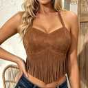 UpFind Women's Brown Fringe Halter Tops Sexy Faux Suede Boho Tops Cowgirl Outfits for Women, Large