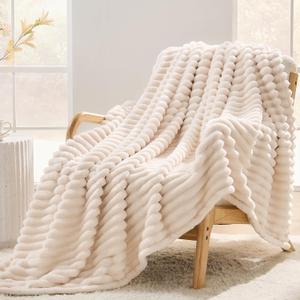 Cream Striped Throw Blanket, 330GSM Soft Plush Fleece Blanket for Couch Sofa Bed, Decorative Cozy Giftable Home Blanket, 50x70 Inches
