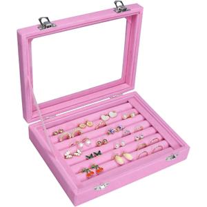Vicoter Rings Organizer Tray 7 Slots Velvet Jewelry Earring Storage Box with Transparent lid Jewelry Display Case for Girls Wife Mom Women (Pink)