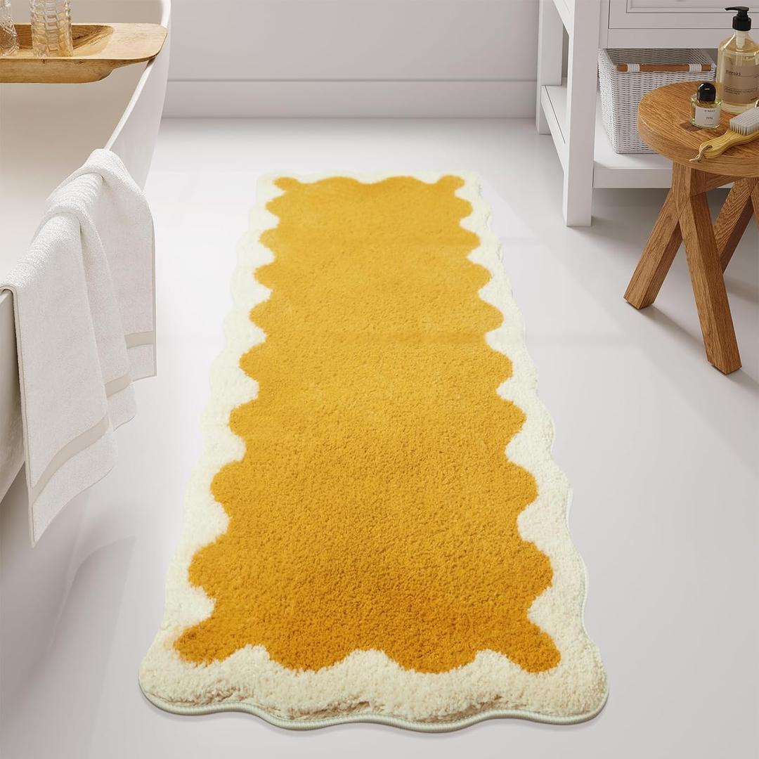 Uphome Bathroom Runner Rug, Large Water Absorbent Cute Bath Mat Non Slip Washable, 24x60 Soft Irregular Shaped Shaggy Microfiber Bath Runner Rug for Floor, Bathtub, Bedroom, Yellow