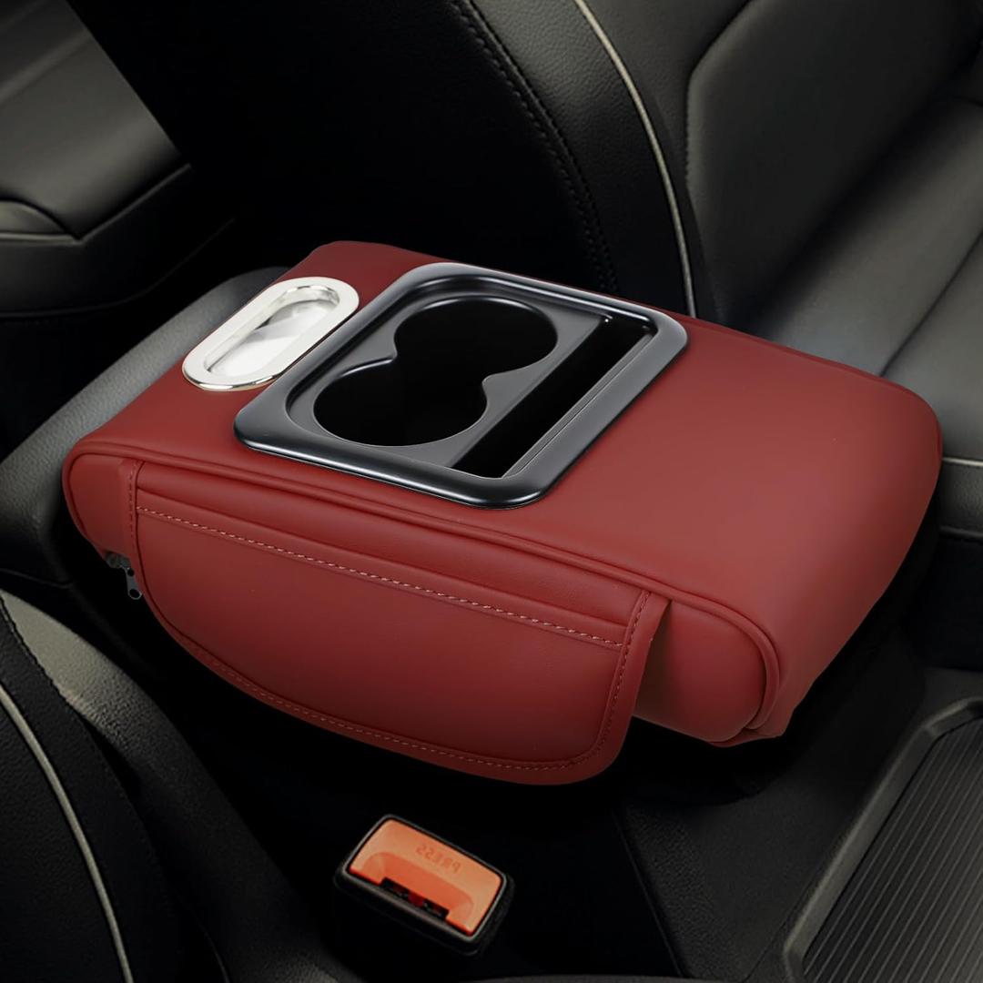 wuyaoyao Car Center Console Cover, 13.39"8.27"3.15" Leather Car Armrest Cover with Pocket & Tissue Box & Cup Holder, Multifunctional Auto Armrest Cushion Pad, Universal Car Accessories (Wine Red)