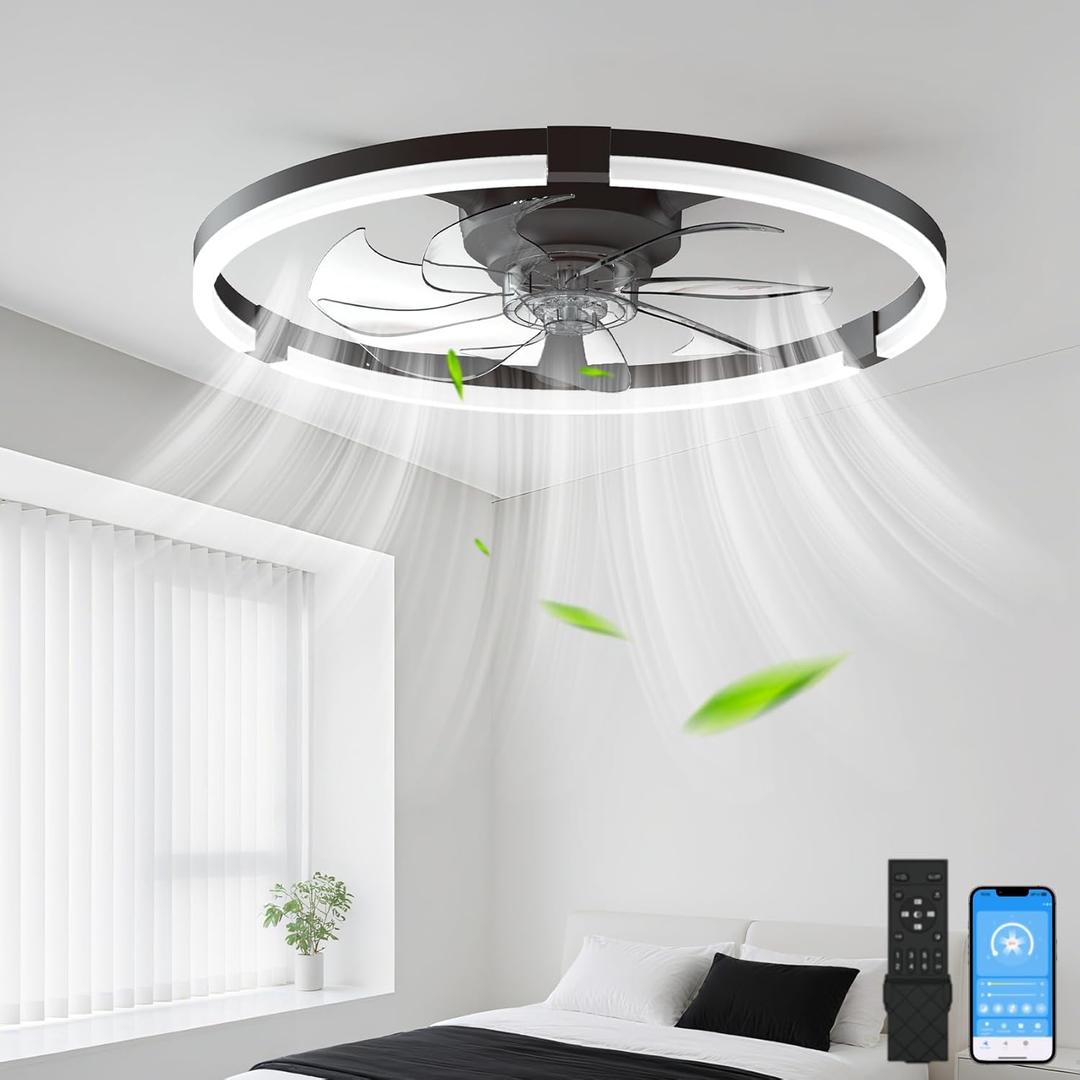 Ceiling Fans with Lights and Remote, 20'' Low Profile Ceiling Fan, 3000-6500K Dimmable Modern Flush Mount LED Fan Light, 6 Wind Speeds, Ceiling Fans for Bedroom Black