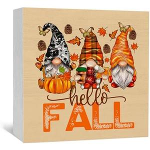Nitelat Hello Fall Gnomes Wooden Signs, Fall Gnomes Thanksgiving Hello Fall Signs, Rustic Fall Leaves Pumpkin Wood Sign Home Decor, Gnome Fall Decor Signs,Fall Gnomes Decorations for Home