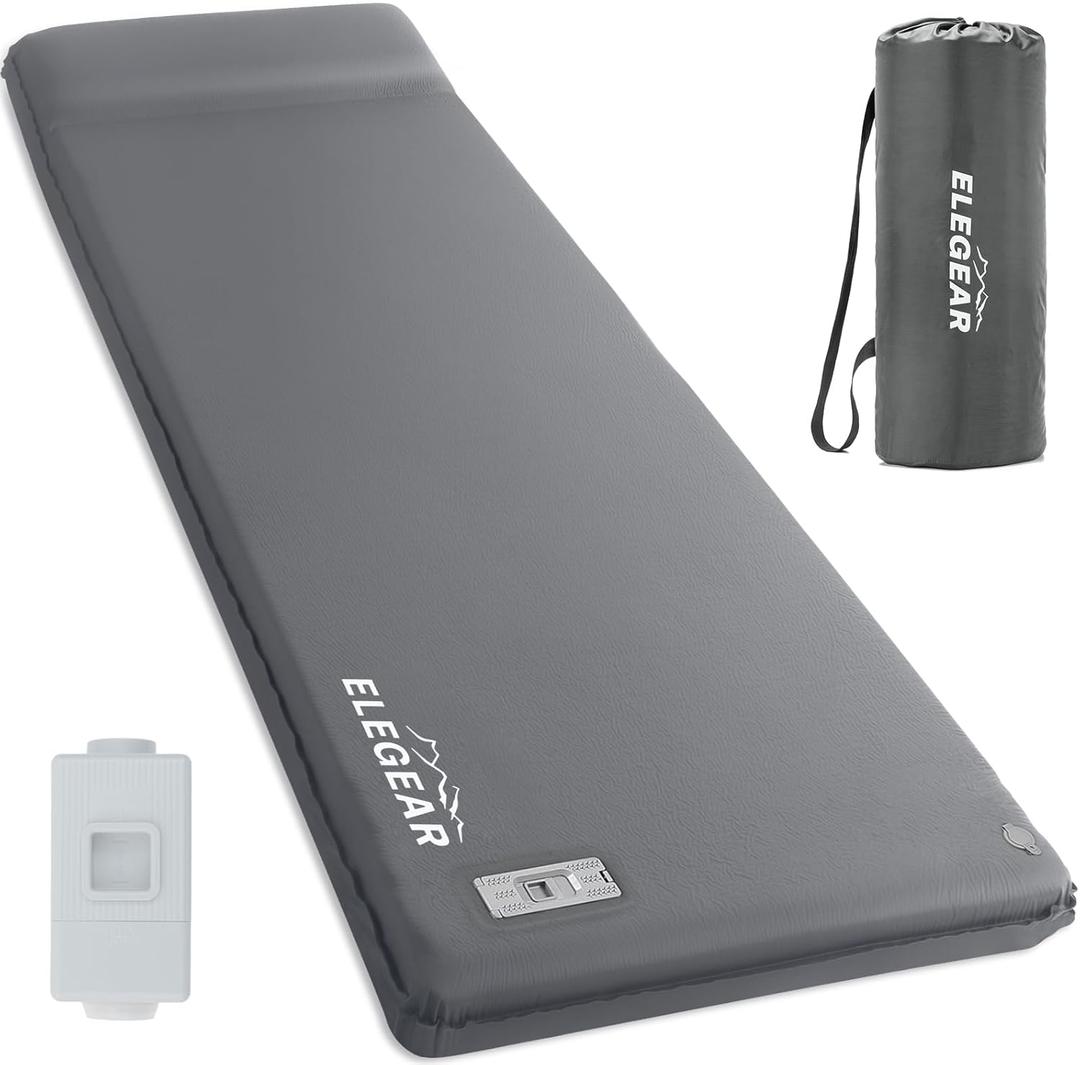 Elegear Self Inflating Sleeping Pad, Built-in Electric Pump 3.1" Ultra-Thick Memory Foam Camping Mattress with Pillow Foam Sleeping Pad for Camping R-Value 9.5 Foam Camping Pad for Car/Traveling (Single, Grey+pump)