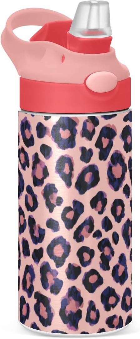 ALAZA Pink Leopard Animal Cheetah Pattern Kids Water Bottles with Lids Straw Insulated Stainless Steel Water Bottles Double Walled Leakproof Tumbler Travel Cup for Girls Boys Toddlers 12 oz,Pink