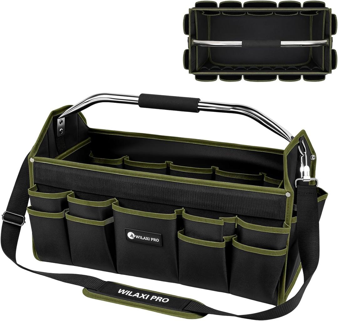 20in Foldable Open Top Tool Bags For Men Heavy Duty, Tool Carrier hard With Handle, Wide Mouth Electrician Tool Tote, Many Pockets Can Hold Many Tool, Green