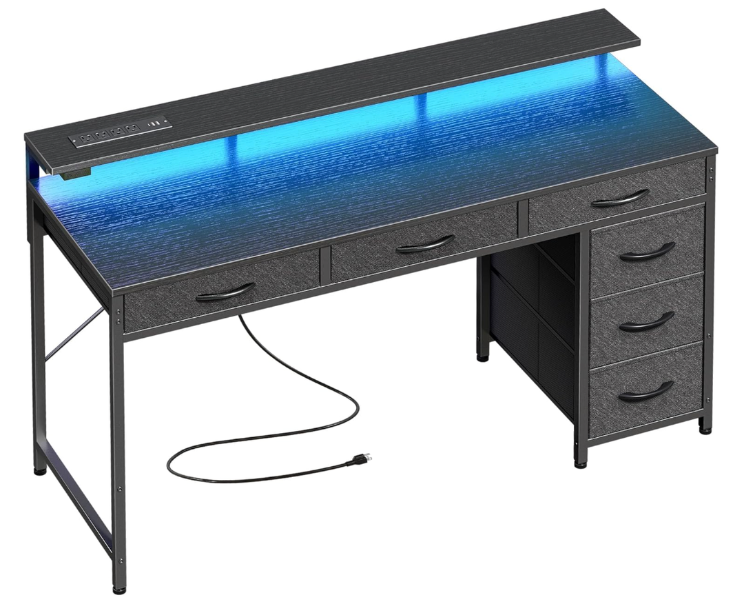 Huuger Gaming Desk with 6 Drawers, Computer Desk with LED Lights Power Outlets and Type-C, 47 Inch Office Desk with Storage, Monitor Stand, Writing Desk Work Desk Home Office, Bedroom, Study, Black