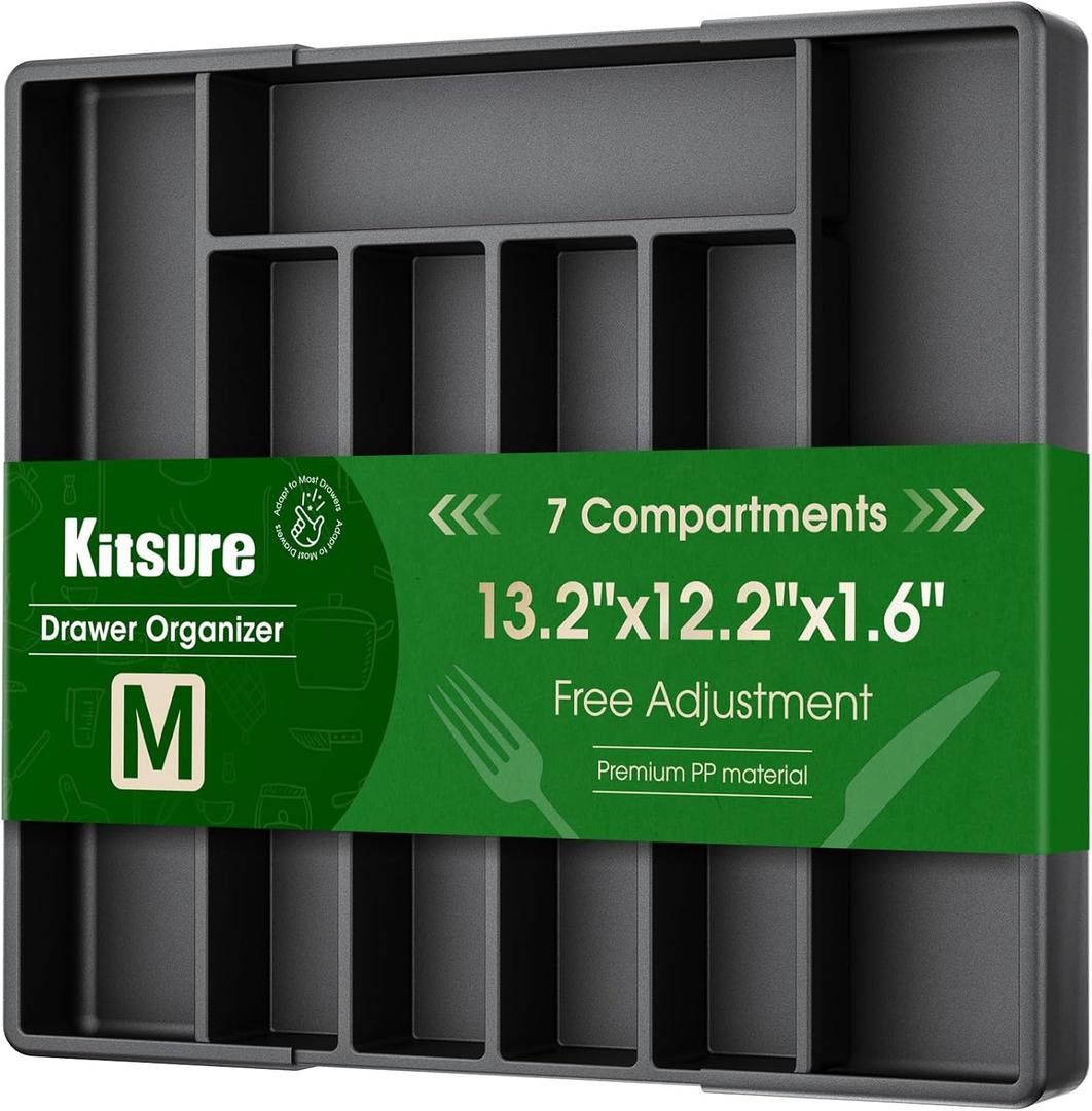 Kitsure Silverware Organizer for Drawers - Expandable Cutlery and Utensil Drawer Organizer with Easy Maintenance, Premium PP Kitchen Organizers and Storage for Flatware, Black, 13.2" x 12.2" x 1.6" (Medium)