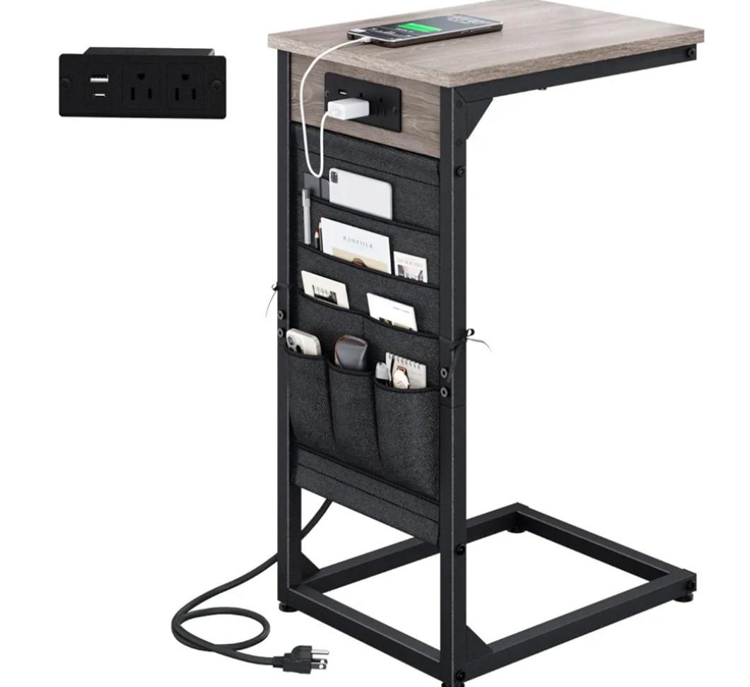 C-Shaped End Table with Fast-Charging Station, Small Couch Side Table with Storage Bag, Sofa TV Tray Table for Living Room, Bedroom, Bedside ET-GY-1