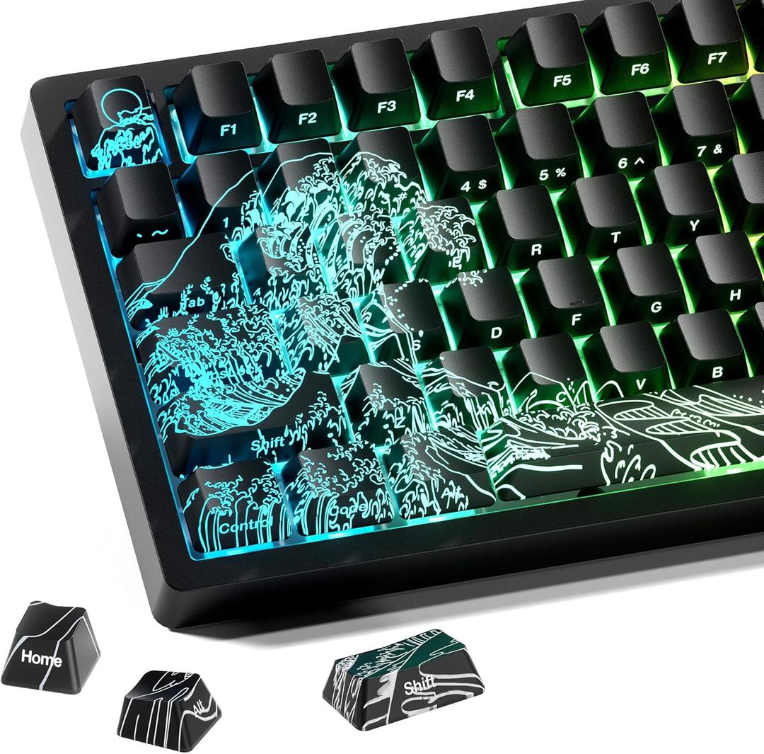 HITIME x XVX Kanagawa Keycaps 60 75 100 Percent - Shine Through Keycaps w/IMD Tech, for Mechanical Keyboards, Full 118 Key Set, OEM Profile, Lines Backlit, Side Printed - Black