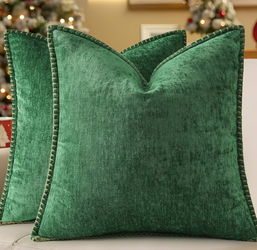 decorUhome Chenille Soft Throw Pillow Covers 22x22 Set of 2, Farmhouse Velvet Neutral Decorative Euro Pillow Covers with Stitched Edge for Couch Sofa Bed Home Decor