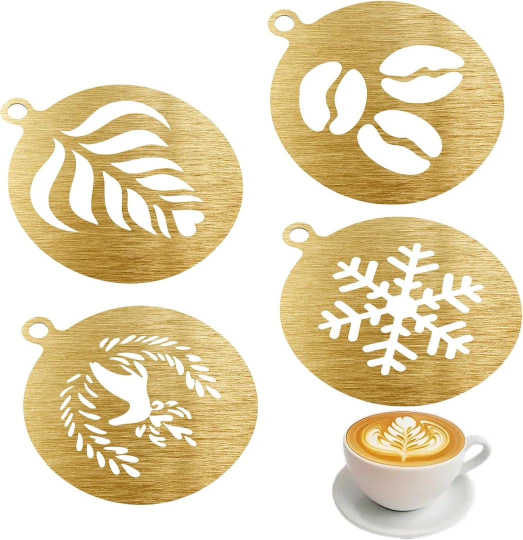 4Pcs Coffee Stencils Latte Art Stencils Reusable for Coffee Lattes Cappuccino Cake Decorating Cookie Stencil for Royal Icing Shop Home Use