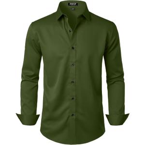 JEMITOP Men's Stretch Wrinkle Free Dress Shirt Formal Prom Wedding Long Sleeve Button Down Shirts (Green, M)