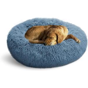 Whiskers & Friends Dog Bed, Round Fluffy Dog Beds for Small Dogs Washable, Calming Donut Pet Bed for Medium Dogs - Up to 45 Pounds (31.00'' x 31.00'' x 8.00'', Navy-Grey)