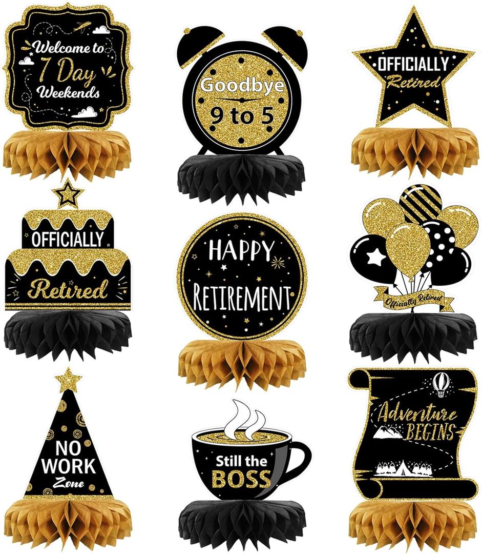 9PCS Retirement Party Decorations, Black and Gold Retirement Table Decorations, Retirement Centerpieces for Table, Retirement Decor for Retirement Party Men and Women